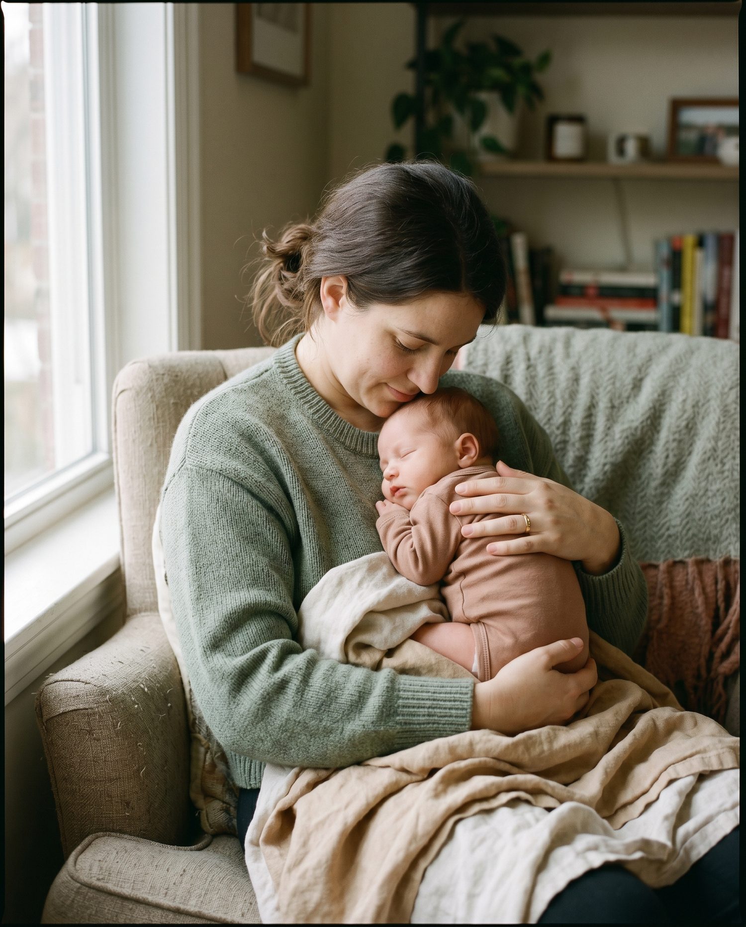 A parent holding their newborn baby in soft, calm light at home