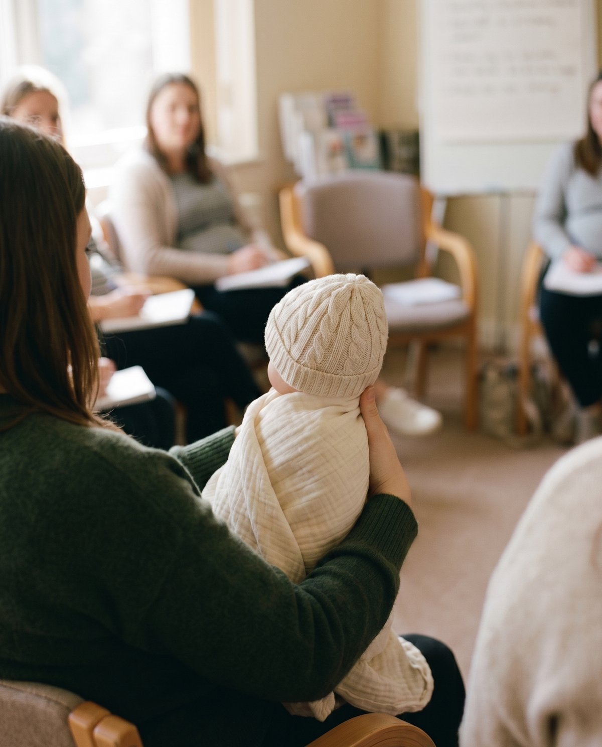 A parent in an antenatal class holding a swaddled demonstration doll in a soft knitted hat